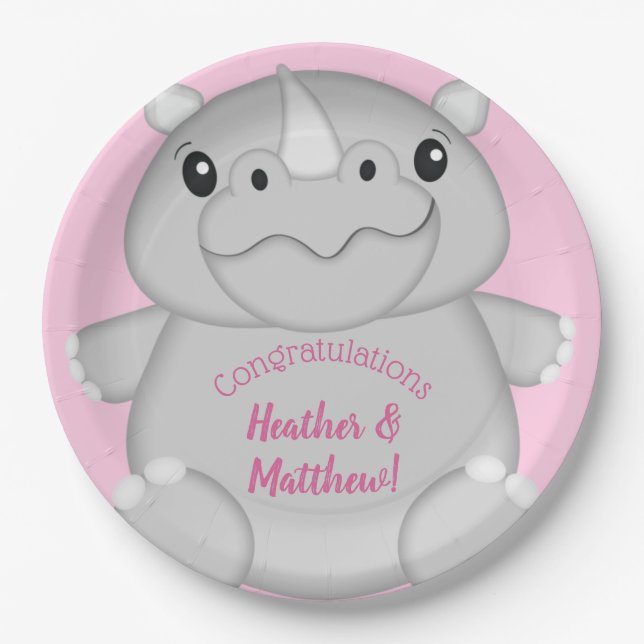 Rhino Baby Shower Pink Paper Plate (Front)