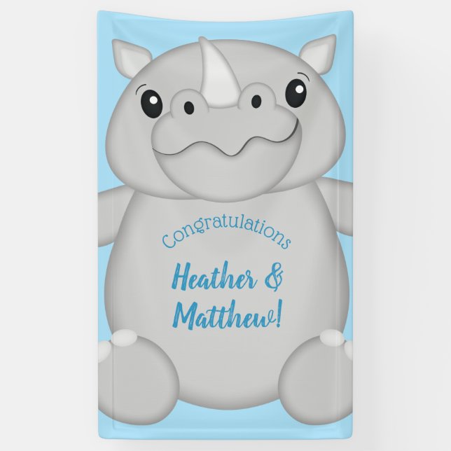 Rhino Baby Shower Safari Blue Banner (Vertical)