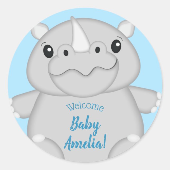 Rhino Baby Shower Safari Blue Classic Round Sticker (Front)