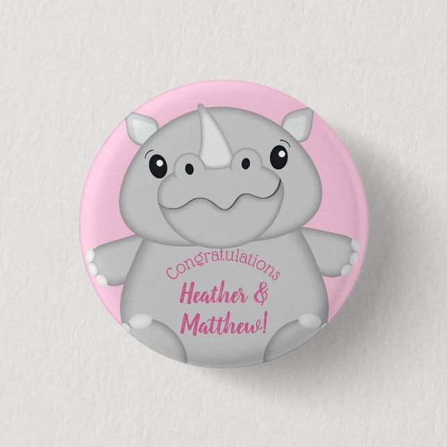 Rhino Baby Shower Safari Pink Girl 3 Cm Round Badge (Front)