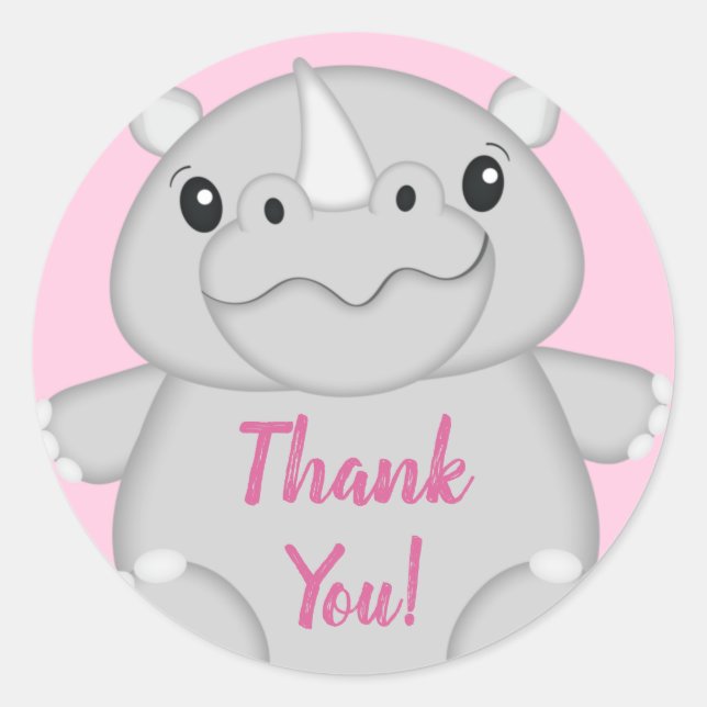 Rhino Baby Shower Safari Pink Girl Classic Round Sticker (Front)