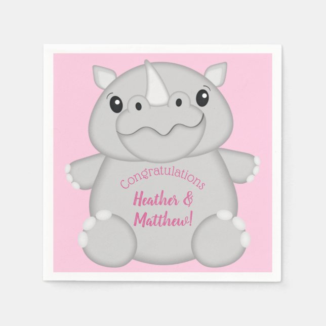 Rhino Baby Shower Safari Pink Girl Napkin (Front)