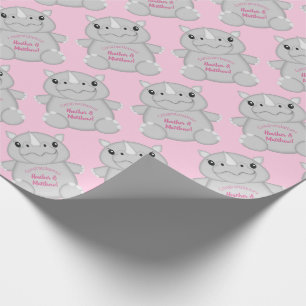 Rhino Baby Shower Safari Pink Girl Wrapping Paper