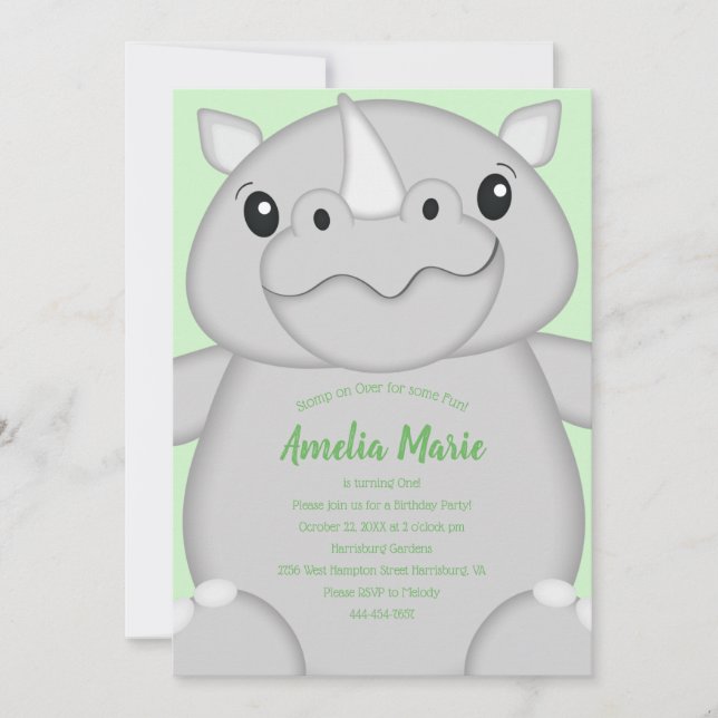 Rhino Birthday Party Green Invitation (Front)