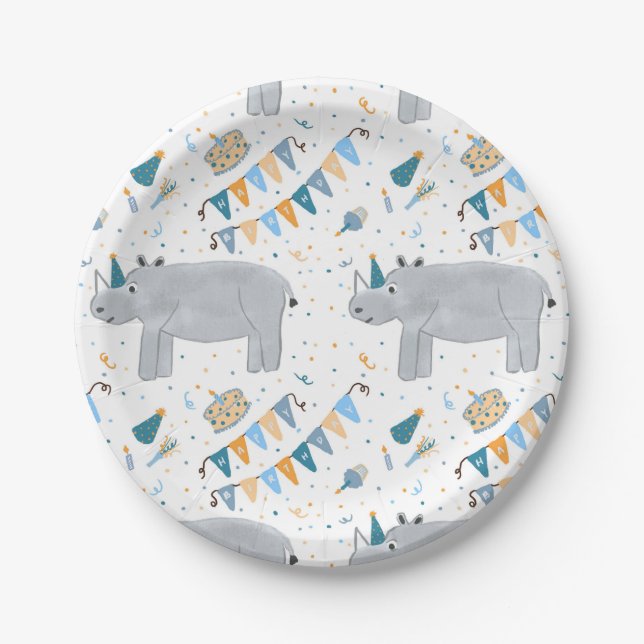 Rhino Birthday Party Paper Plates, 7" Paper Plate (Front)