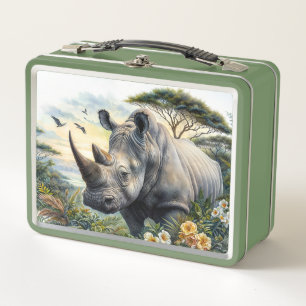 Rhino Botanical Art Metal Lunch Box