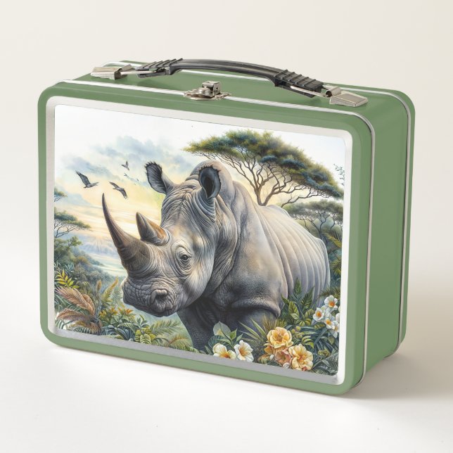 Rhino Botanical Art Metal Lunch Box (Front)