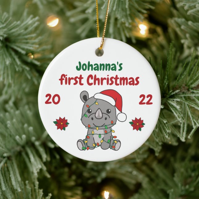 Rhino Christmas Winter Babys first Christmas Ceramic Tree Decoration (Tree)