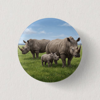 Rhino Family Walking In Green Savanna Photo Enlarg 3 Cm Round Badge