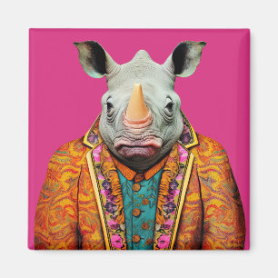 Rhino in Funky Suits Animal Fashion Art Pink Magnet
