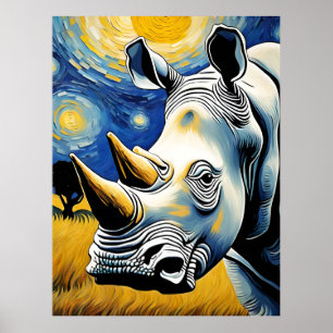 Rhino in the Starry Night Poster