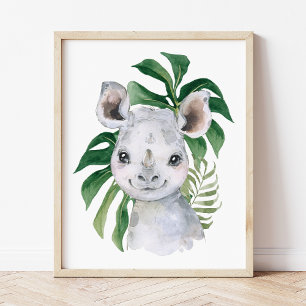 Rhino, Jungle Animals, Safari Animals, Palm Leaves Photo Print