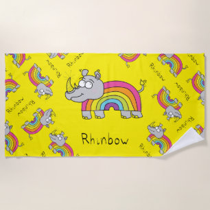 Rhino Rainbow Cute Kids Rhinoceros Beach Towel