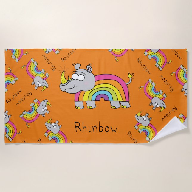 Rhino Rainbow Cute Kids Rhinoceros Beach Towel (Front)