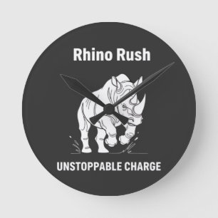 Rhino Rush Unstoppable Charge Minimalist WHITE Round Clock