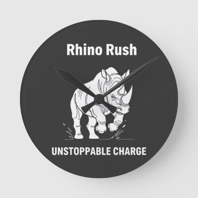 Rhino Rush Unstoppable Charge Minimalist WHITE Round Clock (Front)