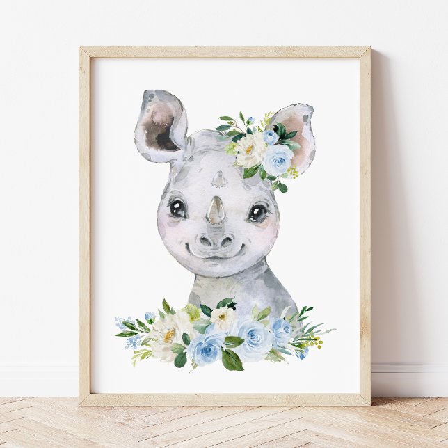 Rhino, Safari, Jungle, Blue Flowers, Boy Nursery Poster (Creator Uploaded)