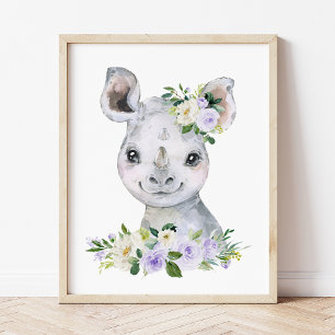 Rhino, Safari, Purple Flowers, Gender Neutral Photo Print