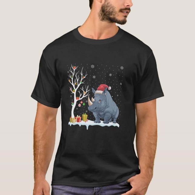Rhino Santa Hat Festive Tree Light Christmas Pajam T-Shirt (Front)