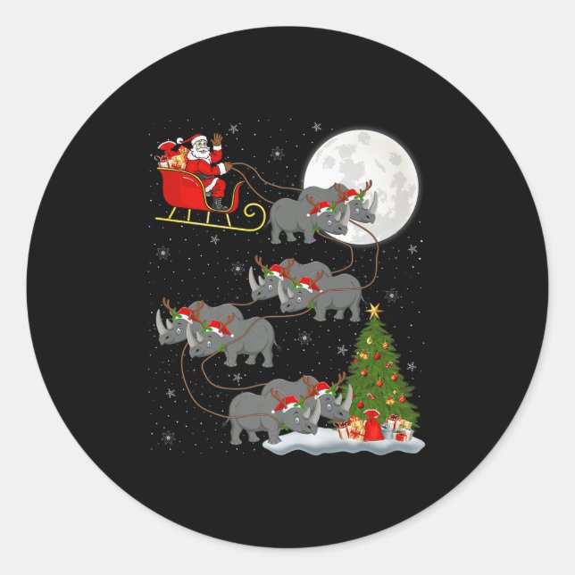 Rhino Santa Sleigh Flying Funny Magical Christmas  Classic Round Sticker (Front)