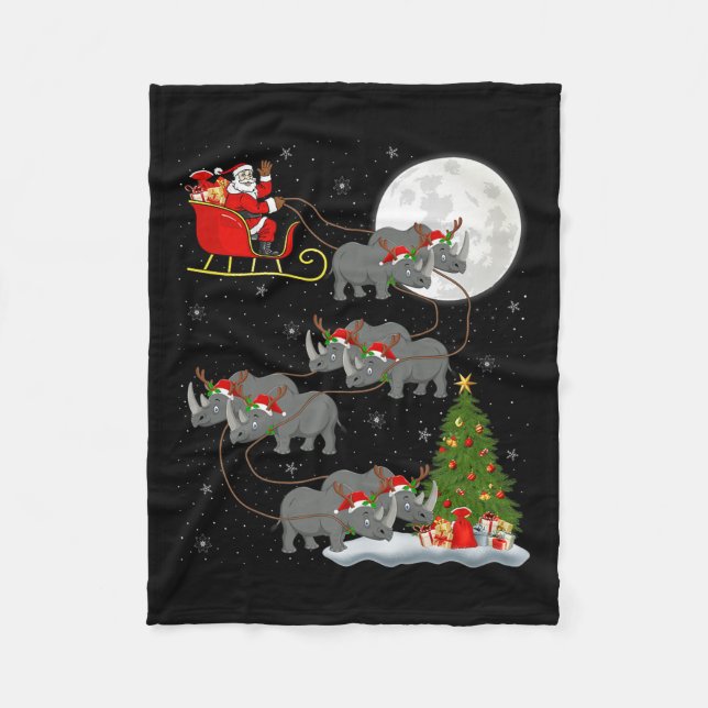 Rhino Santa Sleigh Flying Funny Magical Christmas  Fleece Blanket (Front)