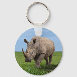 Rhino Standing On Green Hilltop Photo Enlargement Key Ring