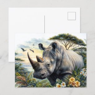 Rhino Watercolor Botanical Art Postcard