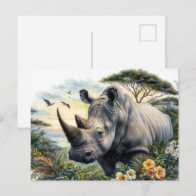 Rhino Watercolor Botanical Art  Postcard (Front/Back)