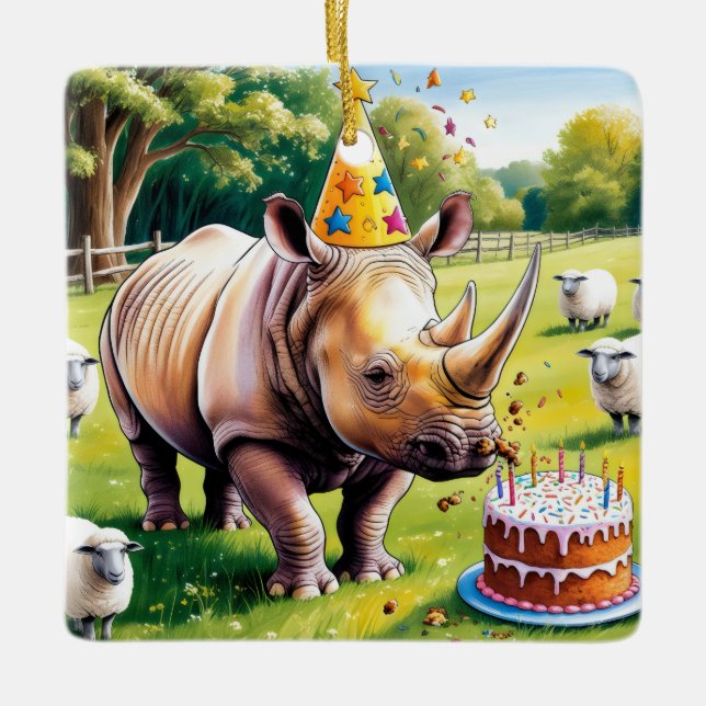 Rhino wearing birthday hat in the english country  ceramic ornament (Front)