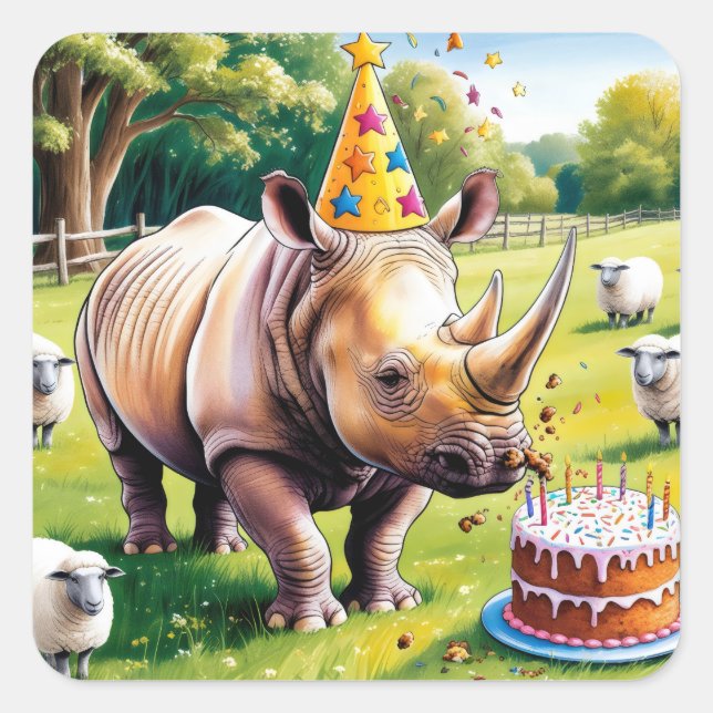 Rhino wearing birthday hat in the english country  square sticker (Front)