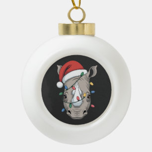 Rhino Wrapped in Christmas Lights Santa Animal Hol Ceramic Ball Christmas Ornament