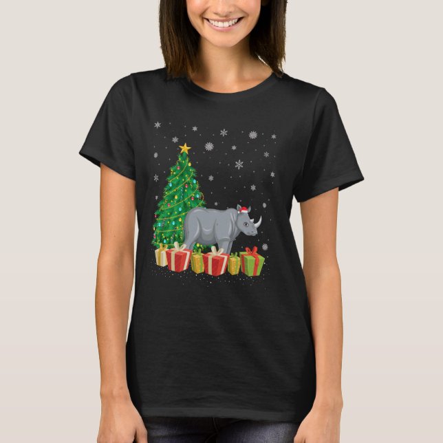 Rhino Xmas Tree Lighting Santa Hat Rhino Christmas T-Shirt (Front)