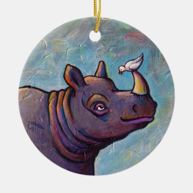 Rhinoceros art little bird gossip fun painting ceramic tree decoration (Front)
