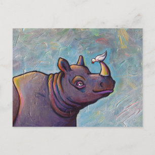 Rhinoceros art little bird gossip fun painting postcard