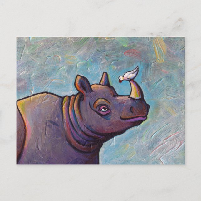 Rhinoceros art little bird gossip fun painting postcard (Front)