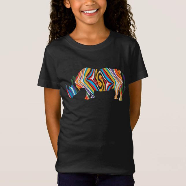 Rhinoceros in a Psychedelic Zebra Pattern T-Shirt (Front)