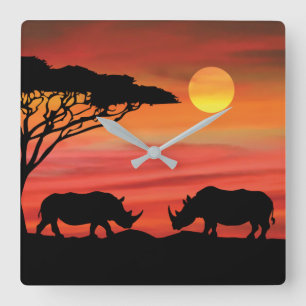 Rhinoceros in the Serengeti Sunset Square Wall Clock