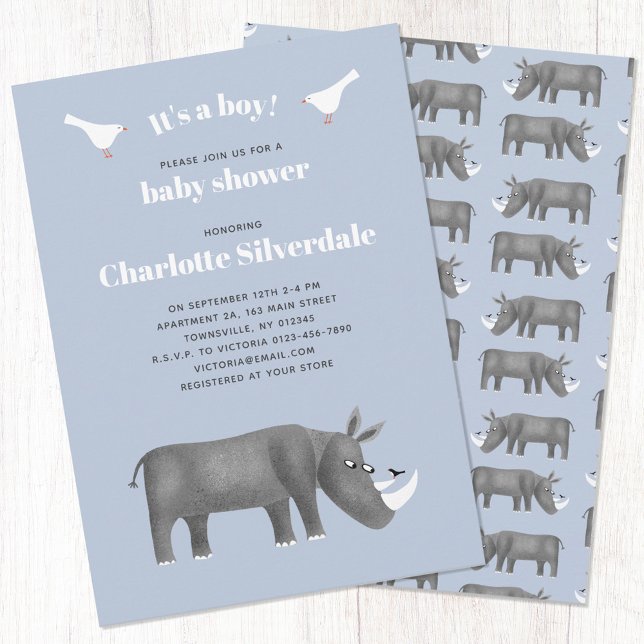 Rhinoceros It's a Boy Baby Shower Invitation (Fun rhino themed baby shower invitation)