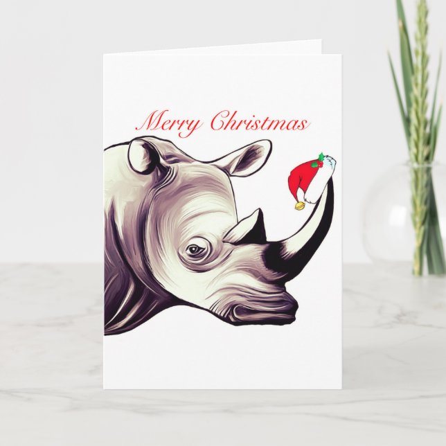 Rhinoceros With Santa Hat Christmas Card (Front)