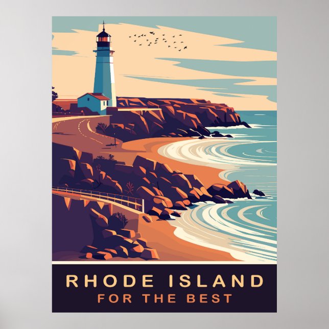 Rhode Island, Lighthouse on the Coast, Travel Poster (Front)