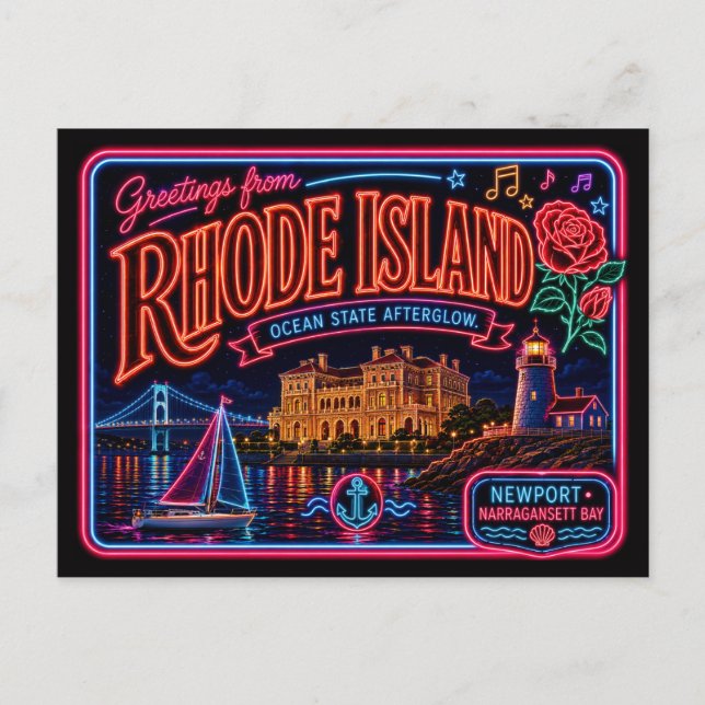 Rhode Island Neon State Retro Vintage Postcard (Front)