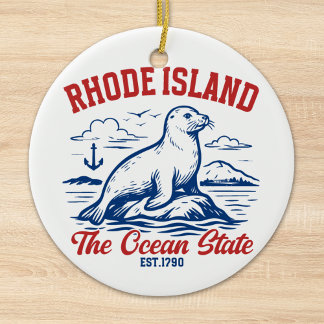 Rhode Island Ocean State Seal Design Ceramic Tree Decoration