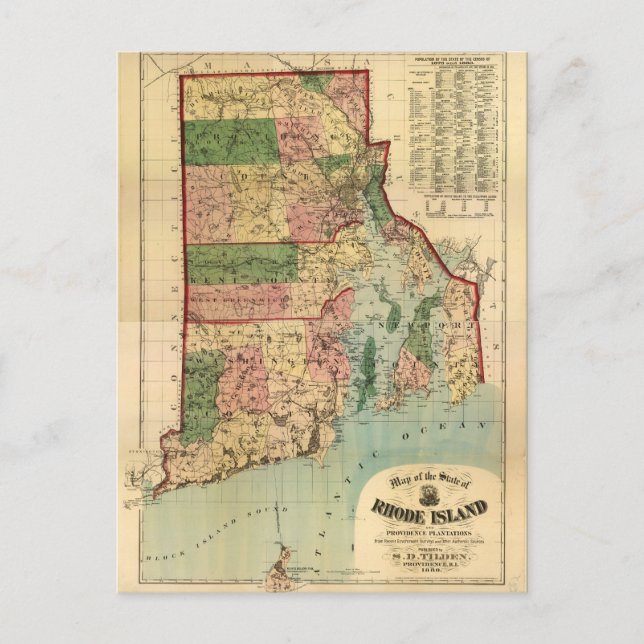Rhode Island & Providence Plantations Map (1880) Postcard (Front)