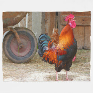 Rhode Island Red Rooster Crowing in Barnyard Fleece Blanket