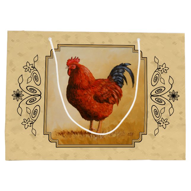 Rhode Island Red Rooster Yellow Background Large Gift Bag (Back)