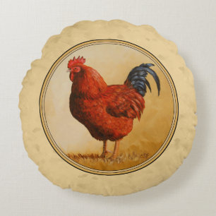 Rhode Island Red Rooster Yellow Background Round Cushion