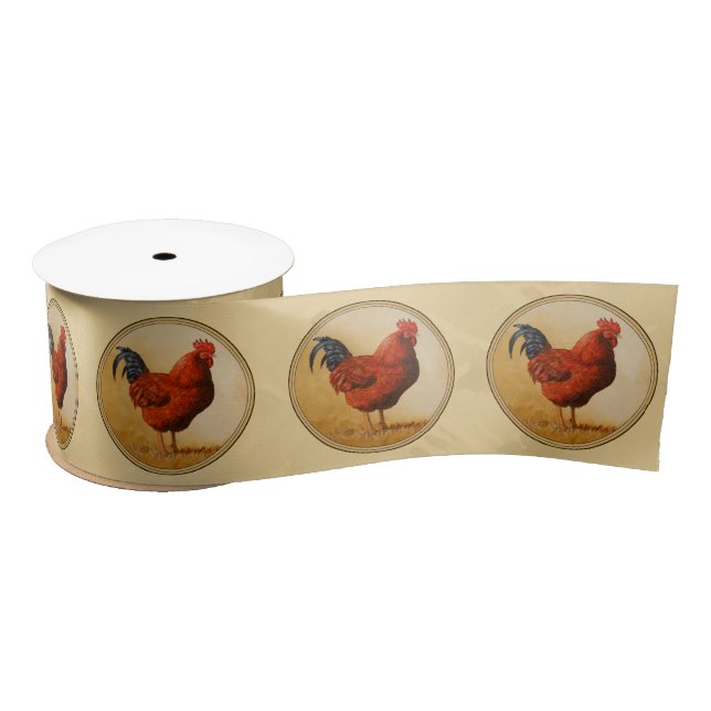 Rhode Island Red Rooster Yellow Background Satin Ribbon (Spool)