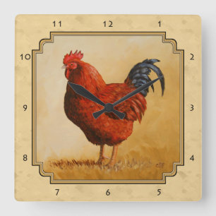 Rhode Island Red Rooster Yellow Background Square Wall Clock