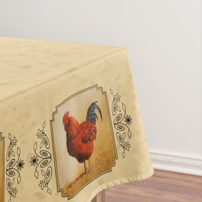 Rhode Island Red Rooster Yellow Background Tablecloth (In Situ)