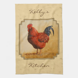 Rhode Island Red Rooster Yellow Background Tea Towel